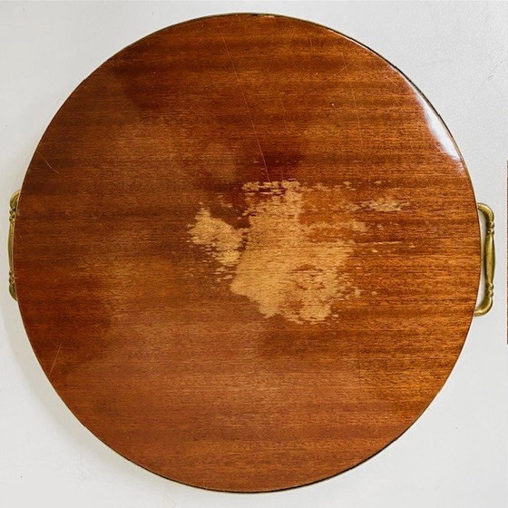 Image 1 of Vassoio in legno italiano d'ottone vintage rotondo con legno intarsiato Sorrento 1940s