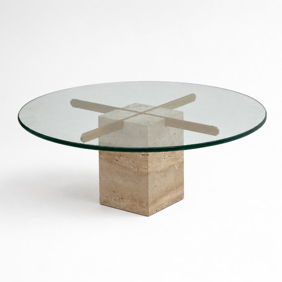 Image 1 of Vintage Round Coffee Table with Thick Glass Top and Travertine Base