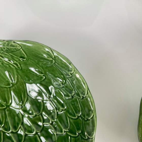 Image 1 of Vintage saladeset van groene artisjokbladeren met saladekom + 6 schalen, jaren 70
