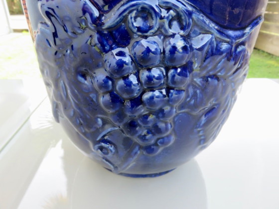 Image 1 of Wall-mounted flower pot, grape motif, in blue glazed ceramic, 1970s