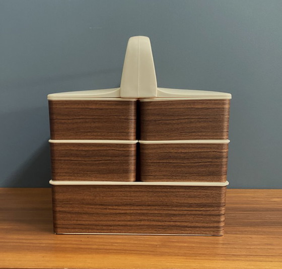 Image 1 of 1970s plastic brown sewing box in original box