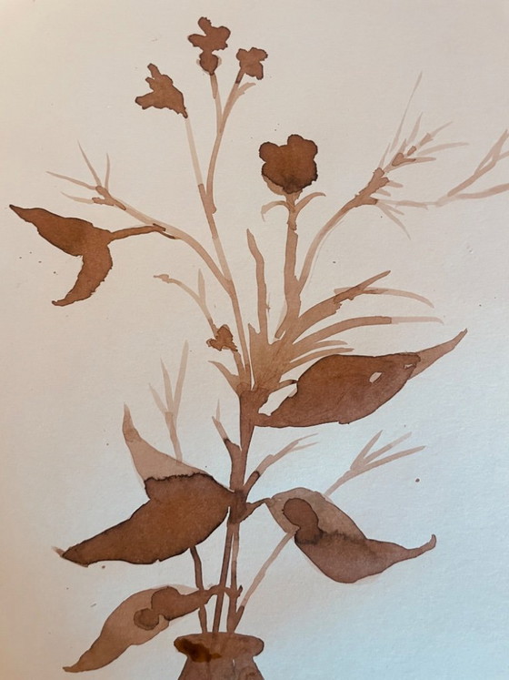 Image 1 of Painting, monochrome sepia still life "dried flowers", signed