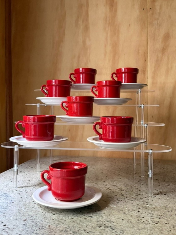 Vintage Huizen Holland Red Espresso Cups & Saucers Set | MCM Dutch Pottery MCM Kitchen Decor – Servies (photo 2 of 13)