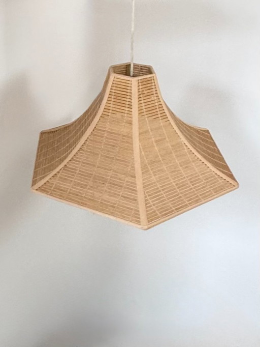 Lampada a sospensione vintage, listelli di legno, Francia, 1980