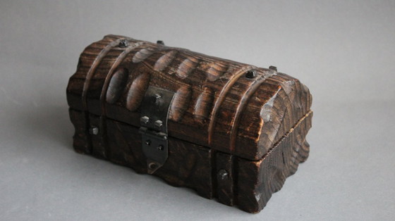 Image 1 of Wooden box, jewelry box, treasure chest, dark wood, rectangular, solid, hand-carved, vintage