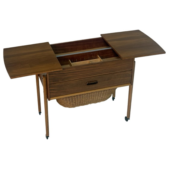Image 1 of Teak wood - Vintage sewing box / table on casters - Wicker basket -  Scandinavian, Denmark, ca. 1960’s