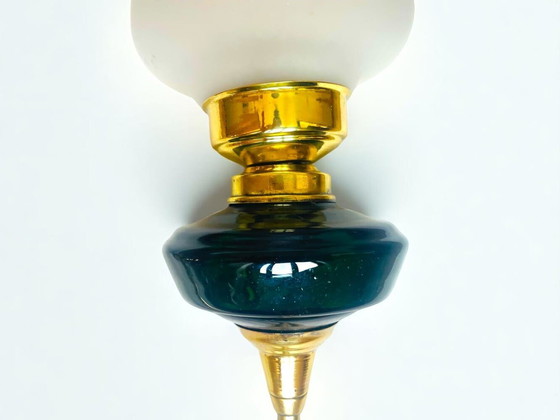 Image 1 of Art Nouveau style brass wall sconce with frosted glass tulip lampshade