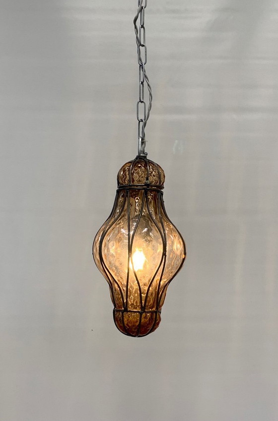 Image 1 of Murano lantaarn kroonluchter, gemaakt in Italië, 1970, amberkleur