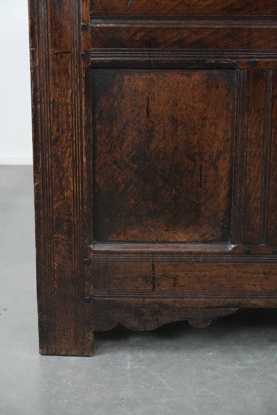Image 1 of Large antique panelled English oak chest from the 18th century