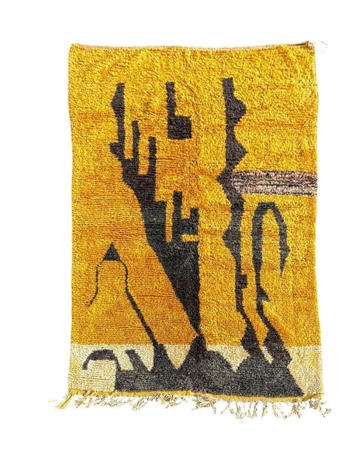 Tapis marocain moderne en laine – 175 x 270 cm, tissé à la main, motif abstrait jaune moutarde, tapis berbère