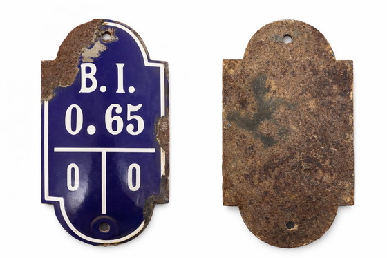 Image 1 of Set van 3 vintage Belgische blauwe emaille industriële borden – jaren 50 loftdecoratie