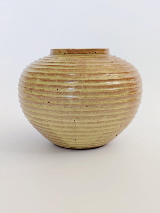 Image 1 of Vintage Studio Pottery Round Vase, Ribbed Golden Ochre Glaze, Artist Signed