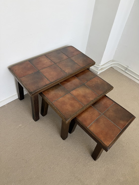 Vintage set of 3 ceramic tile tables – retro design – 1970s – Side tables, Wood, Stone (photo 4 of 8)