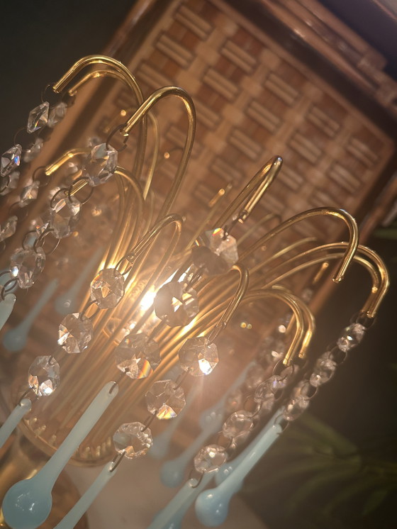 Image 1 of Set van 2 Vintage Opaline Blauwe Tafellamp Goud Frame