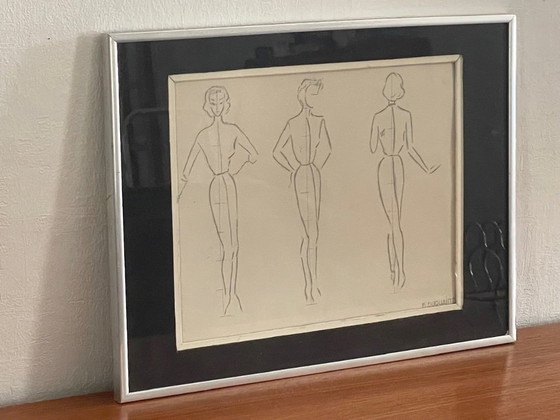 Image 1 of Vintage, Signed, Framed, Pencil Sketches by Berthe Duquaine, 1951