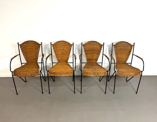 Juego de 4 sillas de mimbre de Frederick Weinberg, EE.UU., años 60.