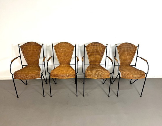 Image 1 of Juego de 4 sillas de mimbre de Frederick Weinberg, EE.UU., años 60.