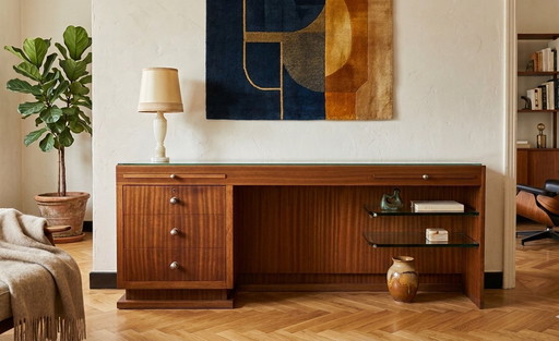 Vintage Italian Modern Credenza with Floating Glass Shelves & Pull-Out Trays