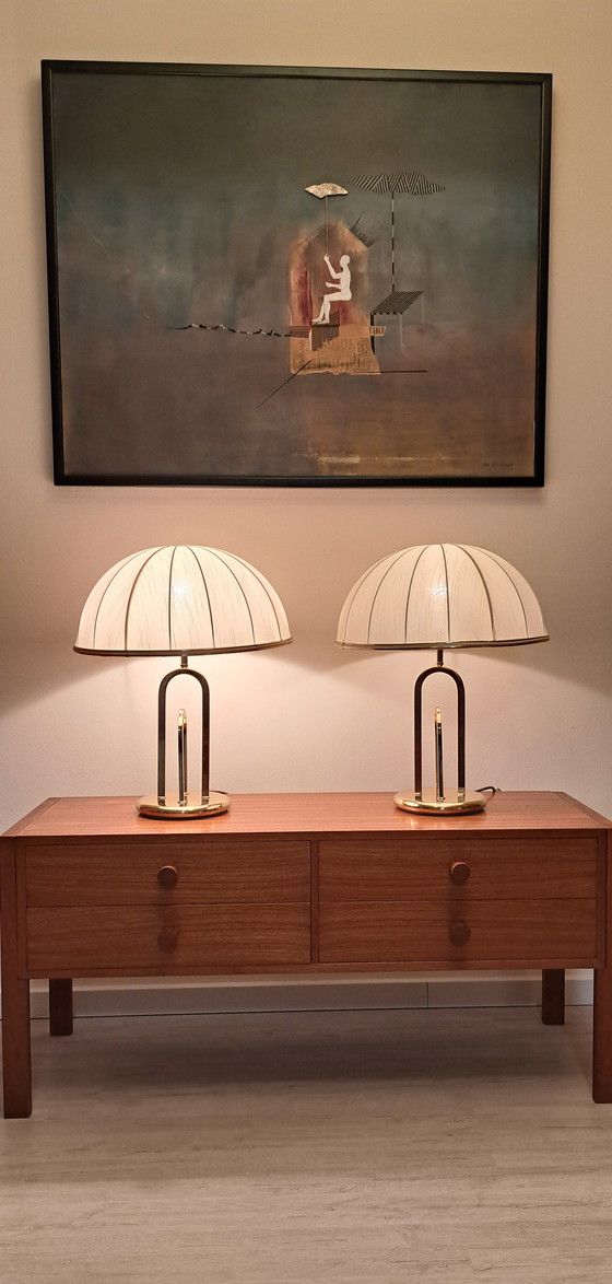 Image 1 of Pair of Hollywood Regency Brass Table Lamps with Pleated Dome Shades – Vintage 1970s – 50 cm