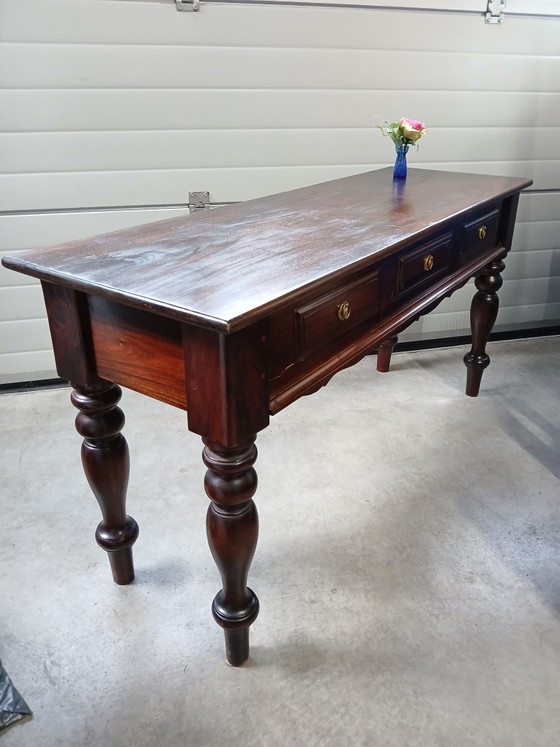 Antique style console table / hall table with brass ring fittings., Wood, Brown (photo 5 of 10)