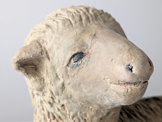 Image 1 of Pair of Large Stucco Sheep Sculptures, Early 20th Century, Farm Animals