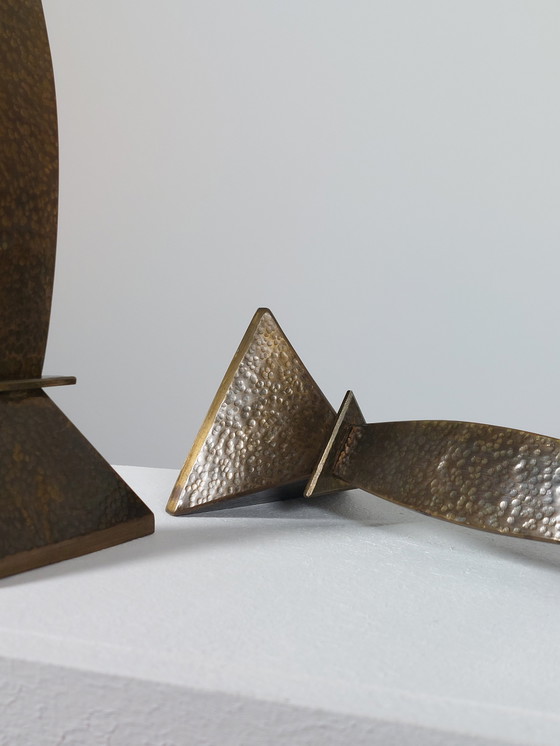 Image 1 of Pair of hand-forged hammered brass candlesticks, Menphis style