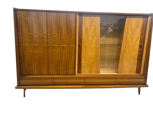 Exclusieve Duitse vintage barkast/woonkamerkast uit de jaren 50, hout in Riva-bootstijl.