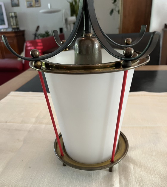 Image 1 of Unique Italian vintage pendant lamp | 1950s | Wrought iron, brass & opaline glass