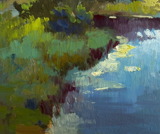 Image 1 of Original Oil Painting Summer River Landscape Sunset clouds over the river