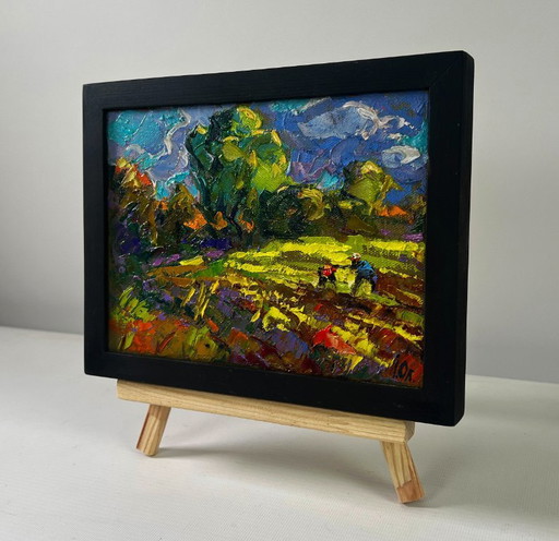 Original Oil Painting Colorful Nature Landscape In the garden summer smells of freshness