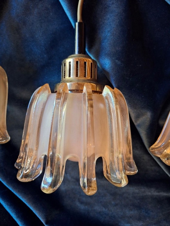 Image 1 of Set van 3 Doria hanglampen van messing en amberkleurig mat glas, jaren 1960