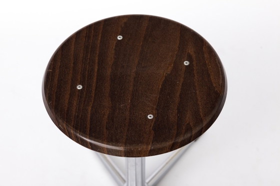 Image 1 of Set of 4 Vintage Industrial Stools 1970s, Chrome Adjustable Stools with Pagholz Seats, Mid Century Stools