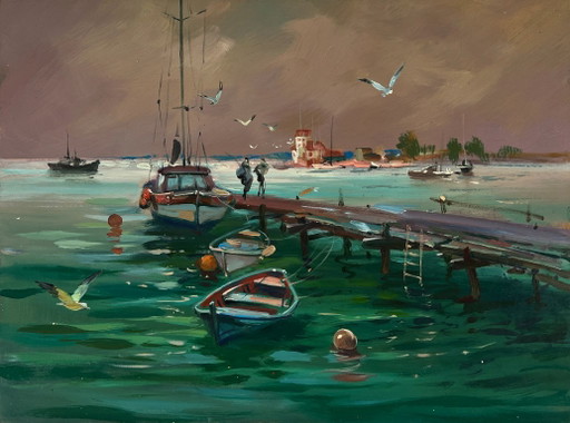 Pintura al óleo original Paisaje de una escena portuaria Gaviotas vuelan en el muelle