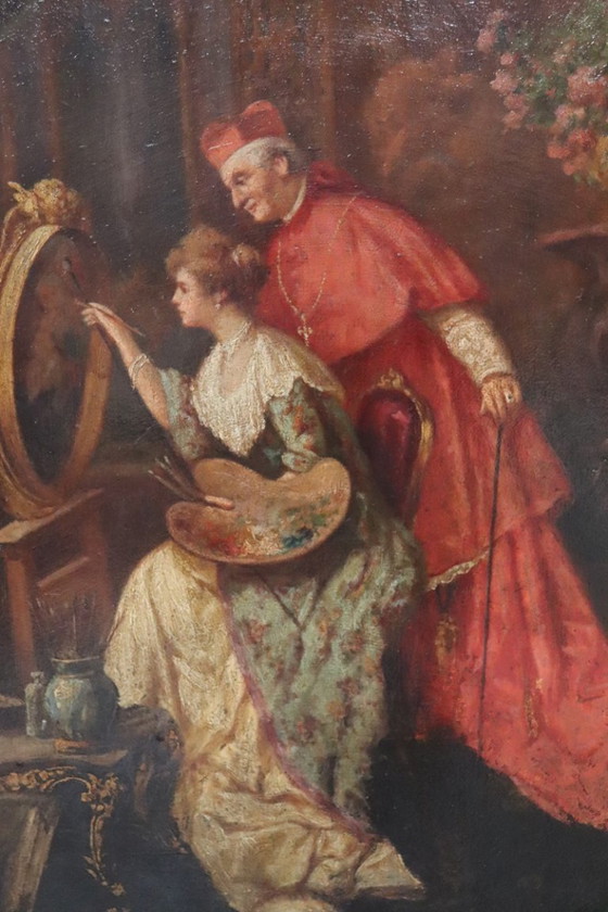 Image 1 of Olieverfschilderij op karton, Jonge schilderes met kardinaal, Italië, 19e eeuw