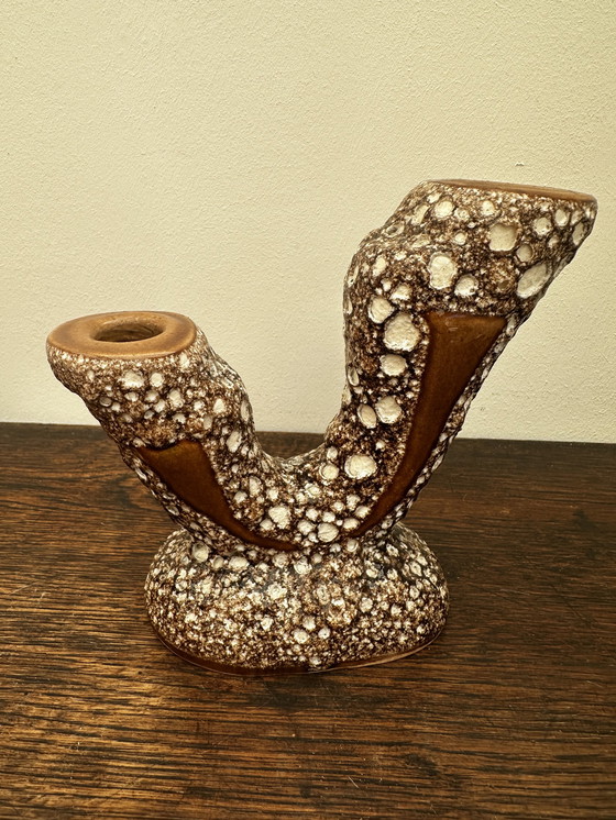 Image 1 of Vintage enamel and fat lava two-branch candle holder - attributed to Vallauris - Vintage