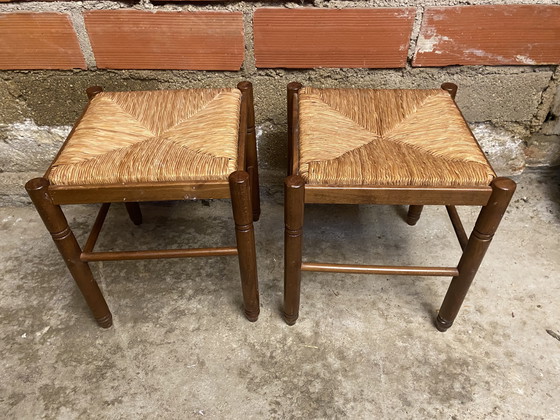 Image 1 of Paire Tabouret Ancien Bois + Assise Paille Tressée Vintage #D398