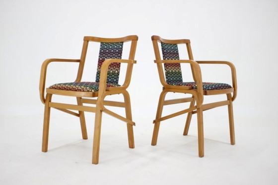 Image 1 of Set of Two Rare 1970s Czechoslovakian Bentwood Armchairs by TON in Colorful Patterned Fabric