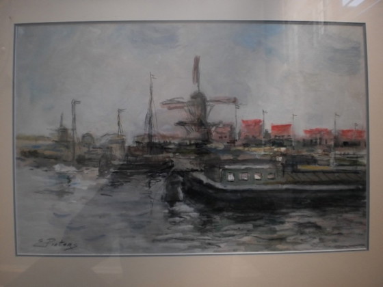 Image 1 of EVERT PIETERS (1856-1932) Harbor View Zeeland Mixed Media With Certificate
