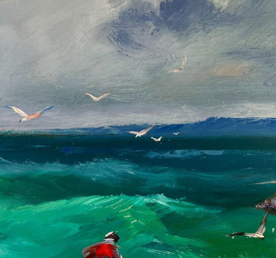 Image 1 of Original Oil Painting Coastal Waves Landscape Fishermen at sea
