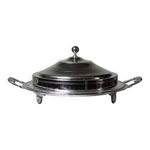 Rara fuente de servir oriental vintage con tapa de metal plateado, mediados del siglo XX.