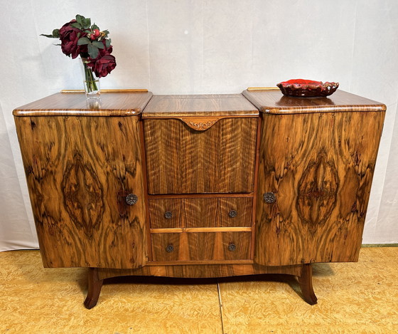 Image 1 of Art Deco Vintage Brocante Burr Walnut Cocktail Sideboard Bar 1930