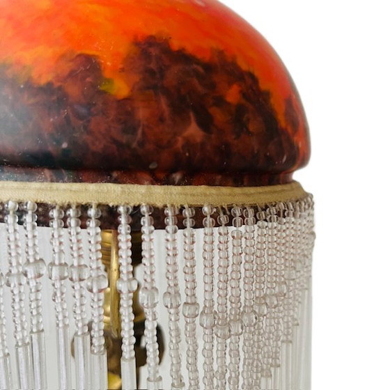 Image 1 of Antieke Art nouveau kralenlamp gepolijst glas oranje paars 1920's
