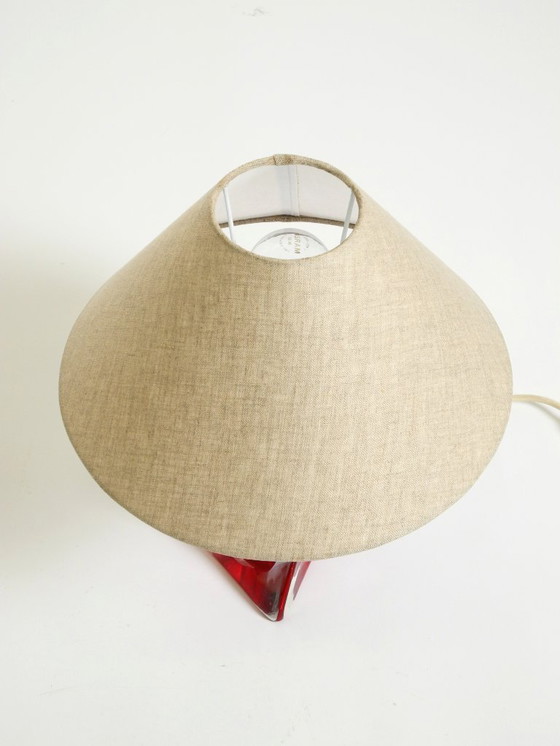 Image 1 of Beautiful heavy mid-century modern table lamp made of solid crystal glass in red and transparent
