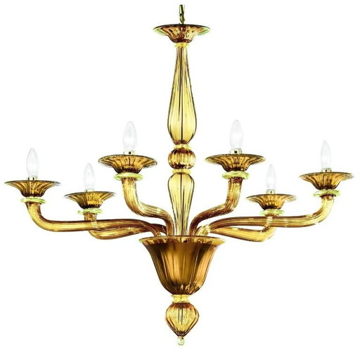 Handgefertigter, moderner, linearer Rigadin-Kronleuchter aus bernsteinfarbenem Muranoglas