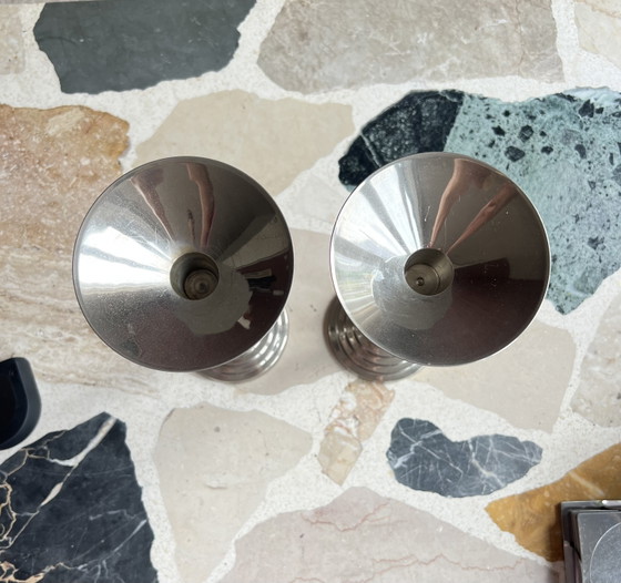Beautiful Set of Original Art Deco Candlesticks – Chrome – 1930s – Bauhaus Style – Decorative Objects (photo 6 of 8)