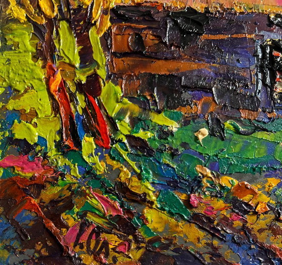Image 1 of Original Oil Painting Summer House Landscape Warm evening in the village