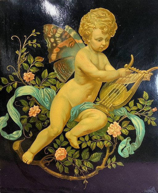 Estampe Lithographie Polychrome Avec Réhaut Doré Putto Chérubin Ange Papillon