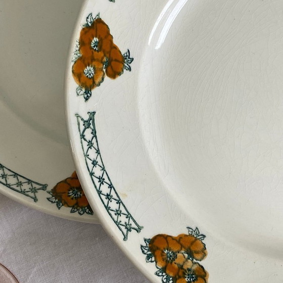 Image 1 of 6 antieke ijzerstenen dessertborden van Moulin des Loups en Hamage, meidoornmotief