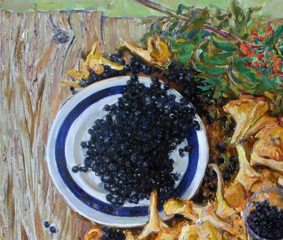 Original Ölgemälde Herbststillleben Pilze und Blaubeeren – Gemälde & Zeichnungen, Canvas (photo 2 of 5)