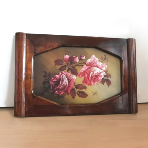 WOODEN GLASS TRAY WITH ROSES - ART DECO